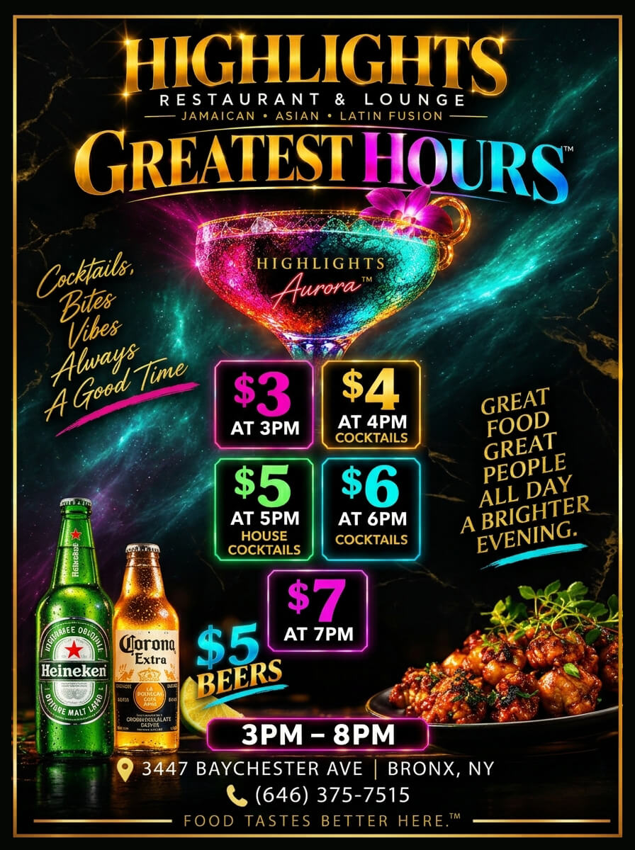 Greatest Hours flyer for Highlights Restaurant & Lounge featuring cocktail prices from $3 at 3 PM to $7 at 7 PM, plus $5 beers.